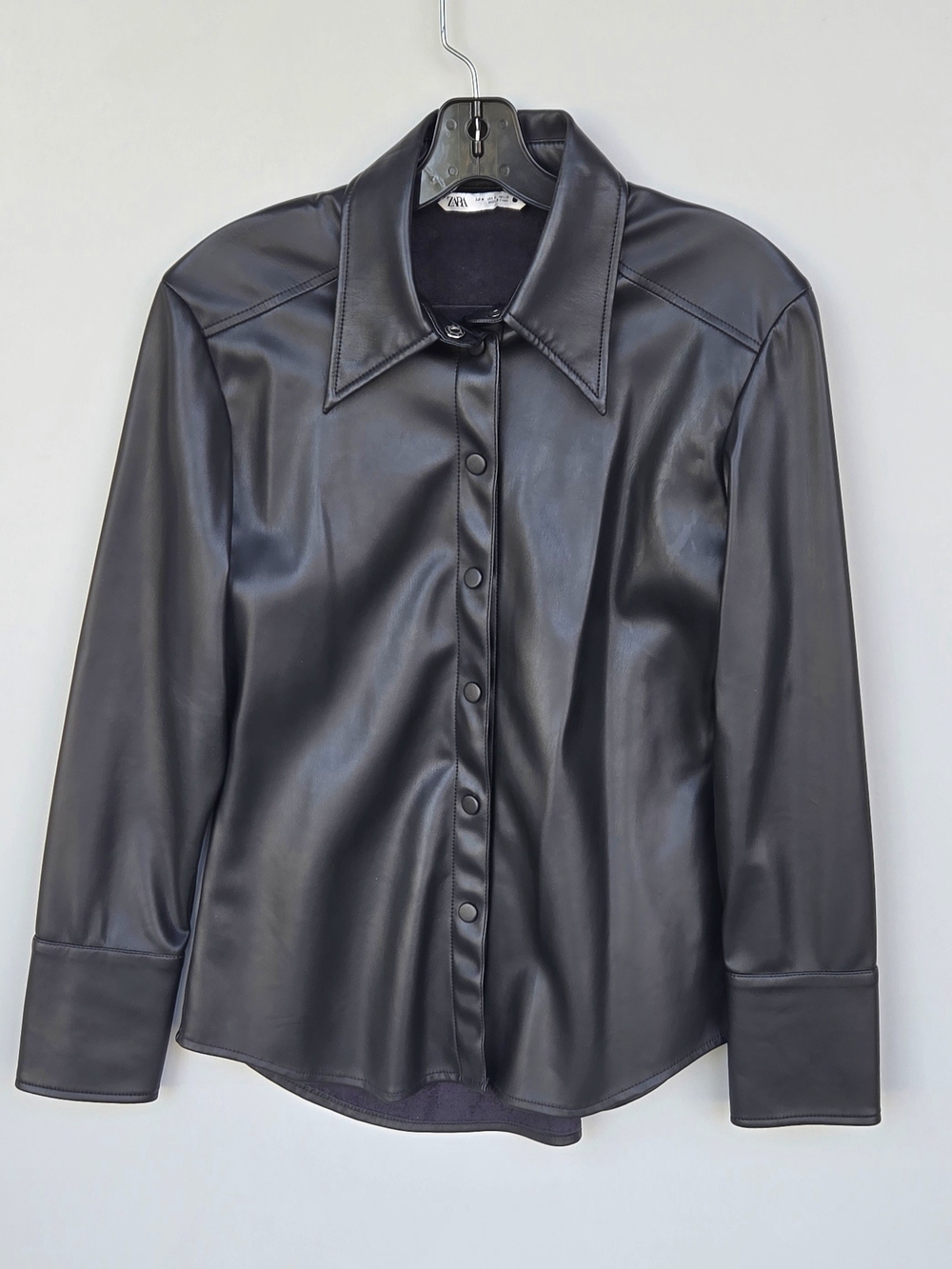 Zara Black Faux Leather Snap-Front Shirt Jacket